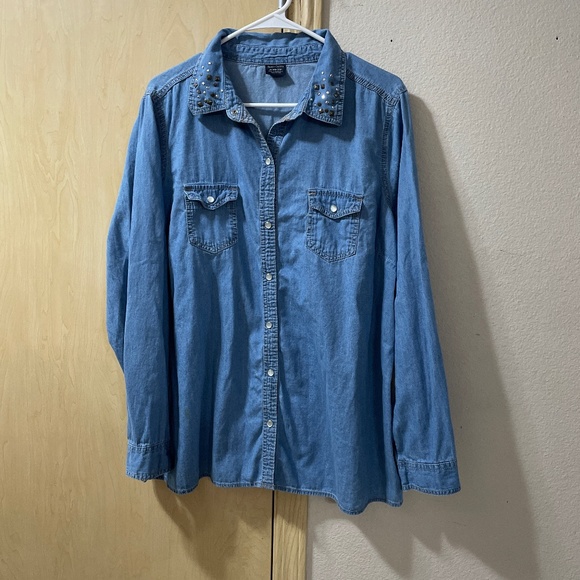 Faded Glory Tops - Women 2X Lightweight Denim Chambray Button Down Blouse Shirt Autumn Winter